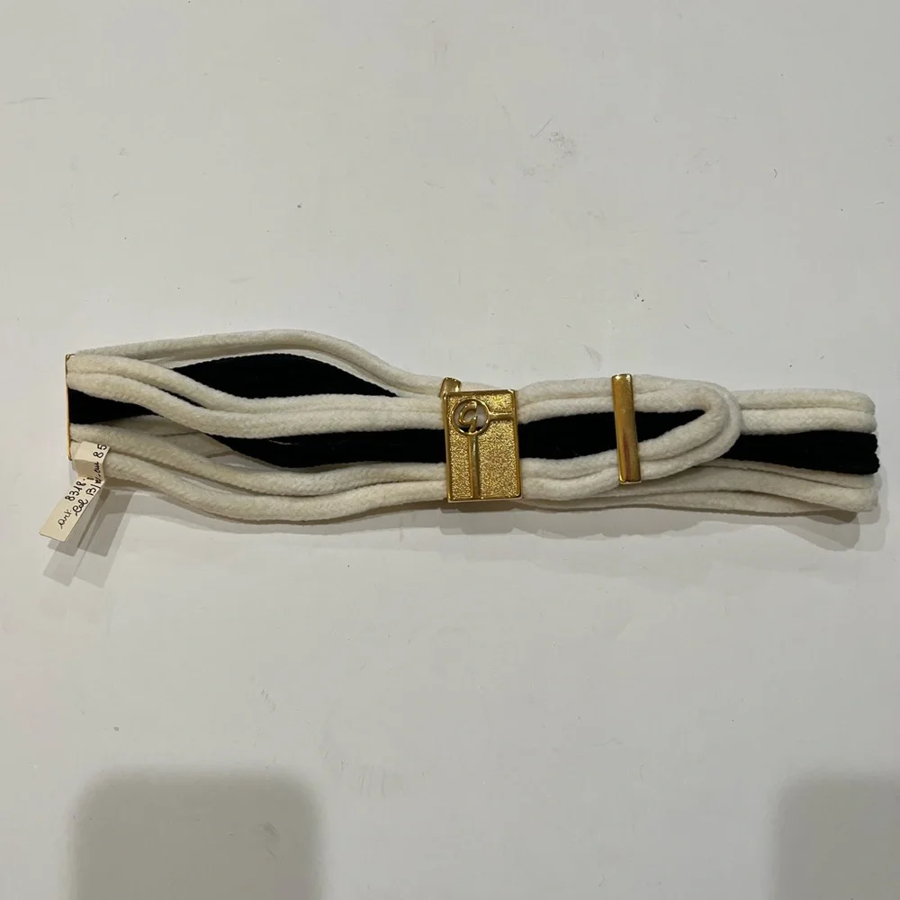 Vintage Italian Black‎ and Cream Fabric Belt with Gold Buckle Sz. S